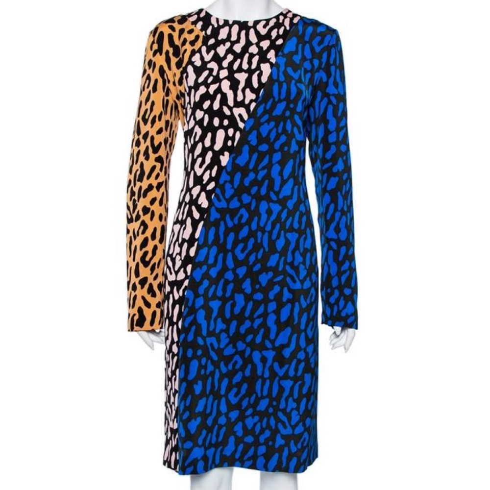DIANE VON FURSTENBERG Long Sleeve Color Block Silk Belmont Dress Animal Print